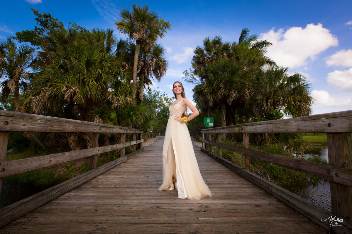 Prom dress on bridge